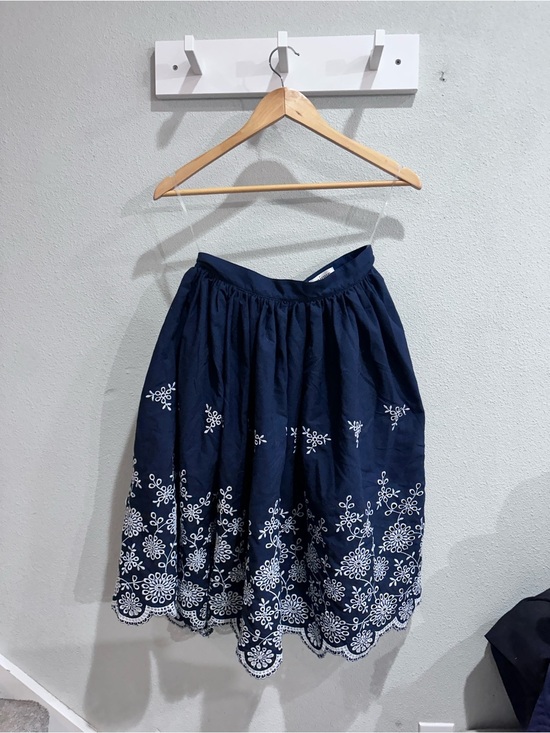 Unique Vintage Dresses & Skirts - Unique Vintage Navy Skirt with White Embroidered Hem